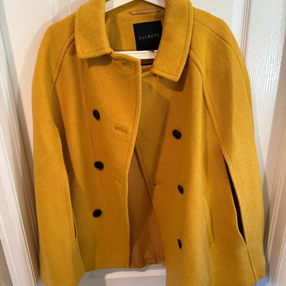 Talbots Wool Cape L/XL Double Breasted Poncho Peacoat Blazer Marigold Yellow OS